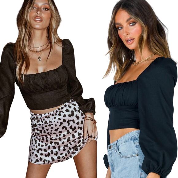 Princess Polly Ariah Balloon Sleeve Crop Top Square Neck Gathered Bodice Black 4 - Picture 1 of 8